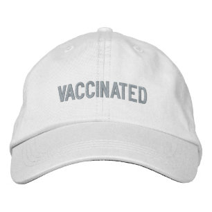 Vaccinated, tan, beige text white embroidered hat