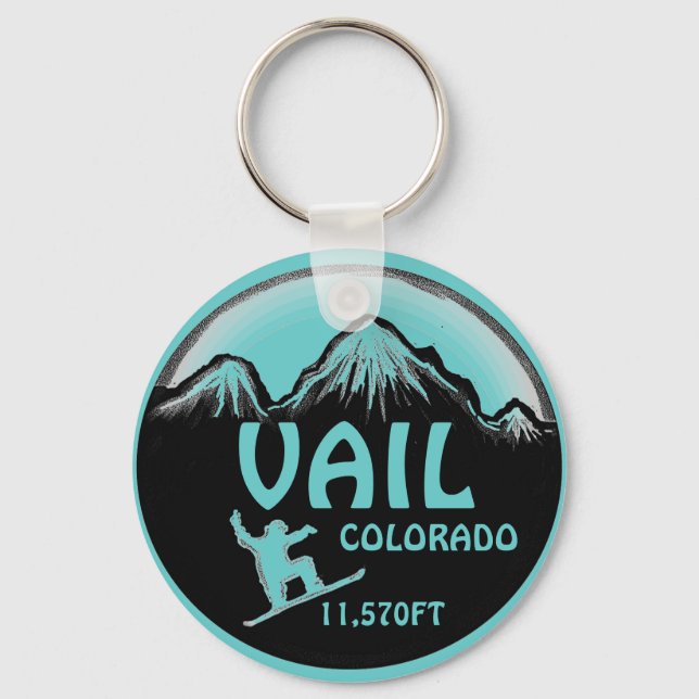 Vail Colorado teal snowboard art keychain (Front)