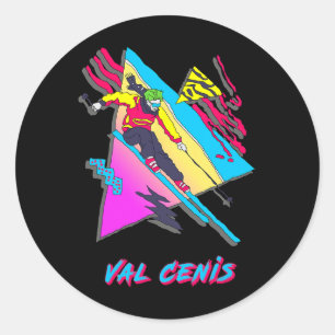 Val Cenis Retro Ski Skiing Character With Abstract Classic Round Sticker
