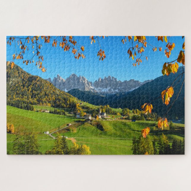 Val di Funes Dolomites valley with autumn leaves Jigsaw Puzzle (Horizontal)