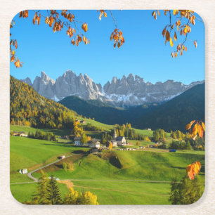 Val di Funes valley with autumn leaves coaster