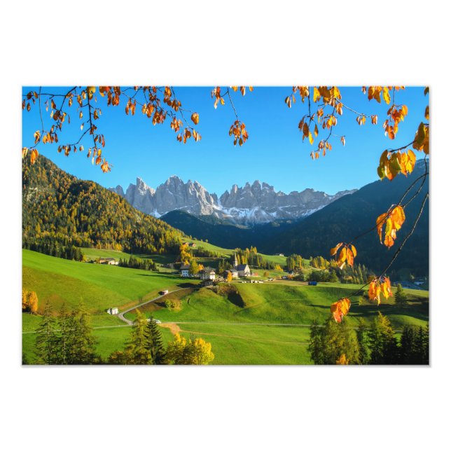 Val di Funes valley with autumn leaves print (Front)