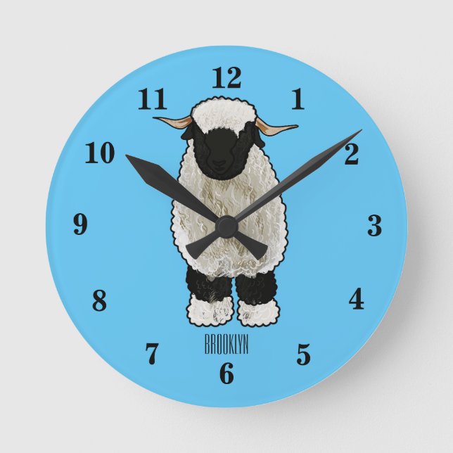 Valais Blacknose sheep cartoon illustration Round Clock (Front)