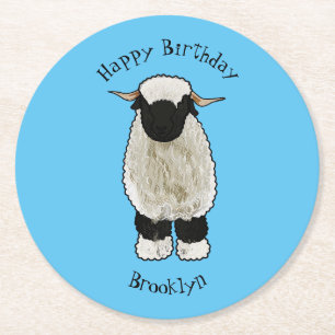 Valais Blacknose sheep cartoon illustration Round Paper Coaster