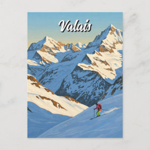 Valais Switzerland Skiing Skier Travel Postcard