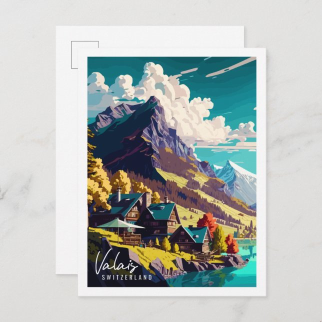 Valais Switzerland vintage travel illustration Postcard (Front/Back)