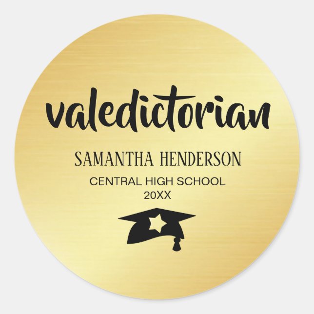 Valedictorian Gold  Personalised Graduation Classic Round Sticker (Front)