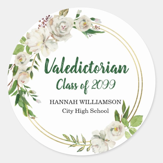 Valedictorian White Floral Personalised Graduation Classic Round Sticker (Front)