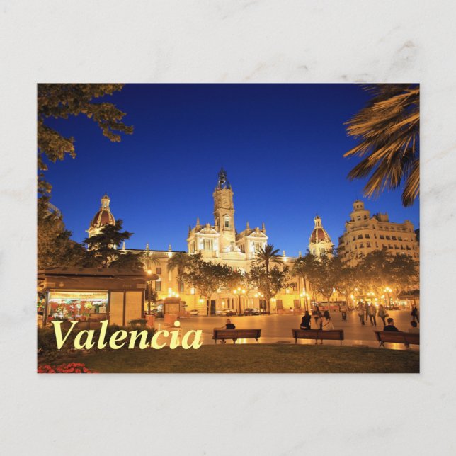 Valencia: Plaza Ayuntamiento by Night Postcard (Front)