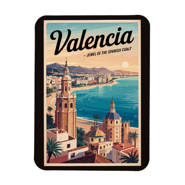 Valencia Spain Coast Illustration Travel Art Retro Magnet (Vertical)