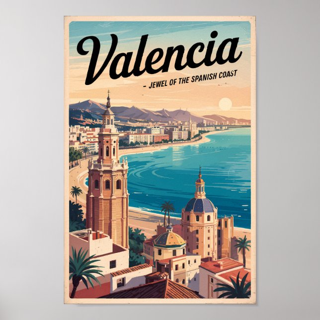 Valencia Spain Coast Illustration Travel Art Retro Poster (Front)