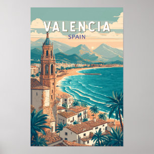 Valencia Spain Illustration Travel Art Vintage Poster