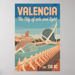 Valencia Spain Retro Skyline Cityscape Travel Poster
