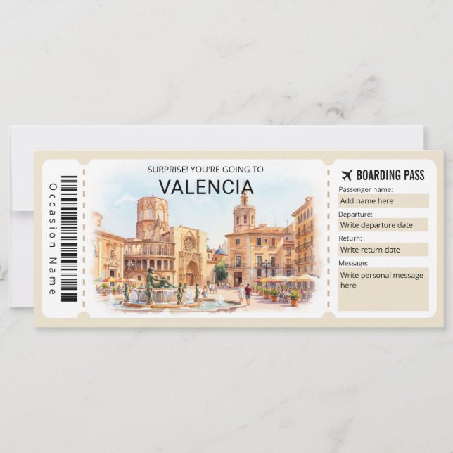 Valencia Spain Trip Boarding Pass Ticket Invitation (Front)