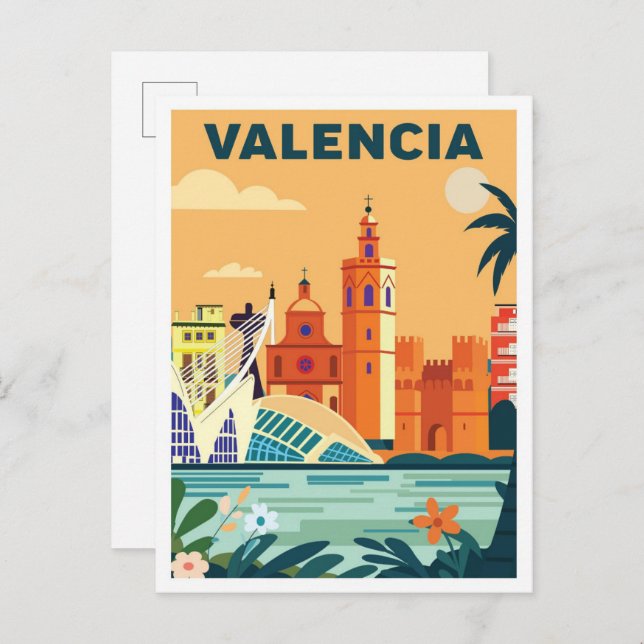 Valencia Spain Vintage Illustration Travel Postcard (Front/Back)