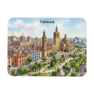 Valencia Spain Watercolor City View Retro Travel Magnet