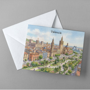 Valencia Spain Watercolor City View Retro Travel Postcard