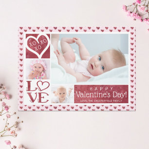 Valentine 3 Photo Collage LOVE XOXO Hearts Holiday Card
