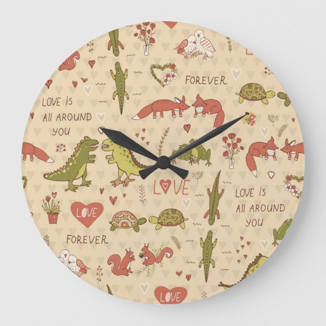 Valentine Animal Hand-Drawn Print Large Clock (Front)