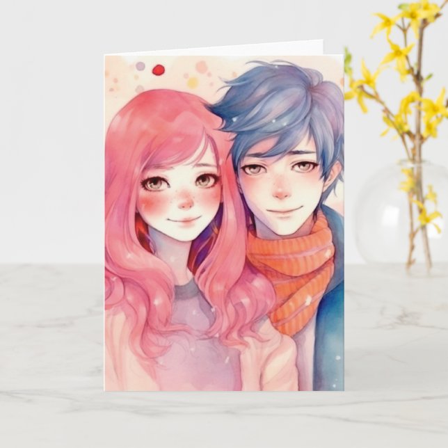 Valentine Anniversary Cute Anime Manga Couple Card (Yellow Flower)