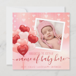 Valentine Baby Hearts Balloons February Birth News Announcement