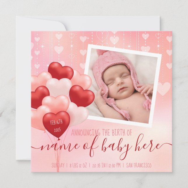 Valentine Baby Hearts Balloons February Birth News Announcement (Front)