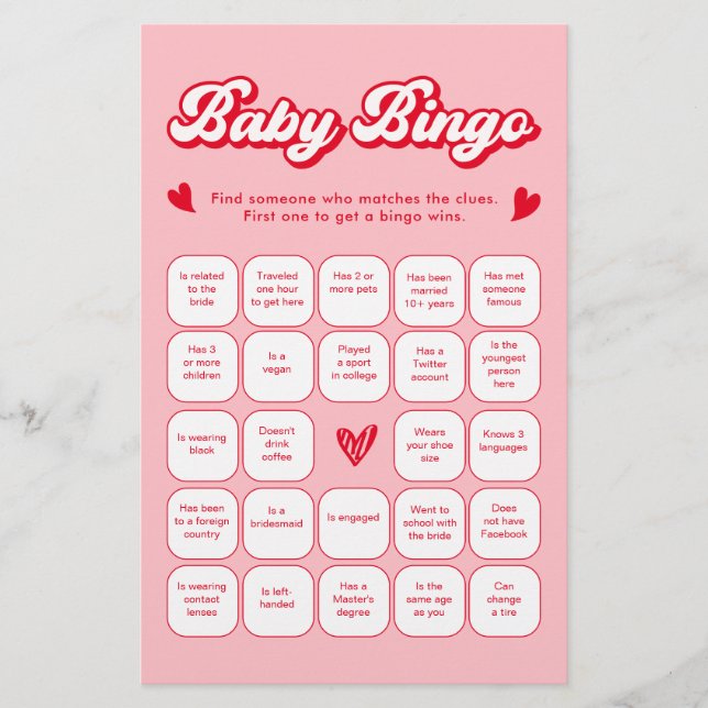 Valentine Baby Shower Find the Guest Bingo Game (Front)