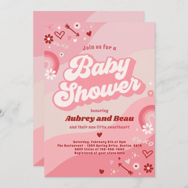 Valentine Baby Shower Groovy Baby Love Baby Shower Invitation (Front/Back)