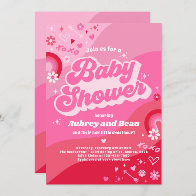 Valentine Baby Shower Groovy Baby Love Baby Shower Invitation (Front/Back)