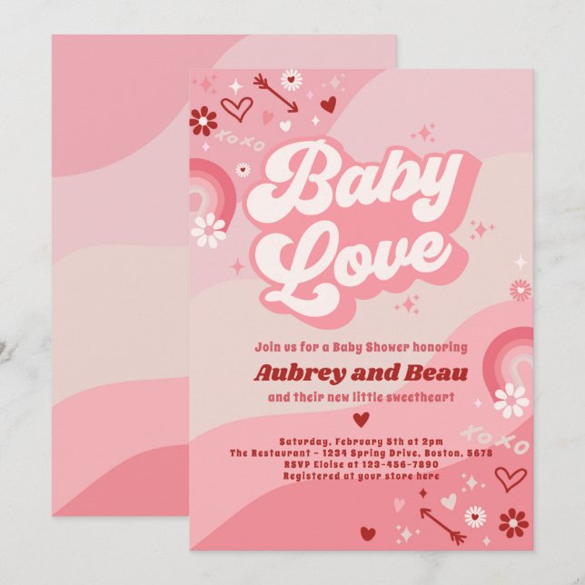 Valentine Baby Shower Groovy Baby Love Baby Shower Invitation (Front/Back)