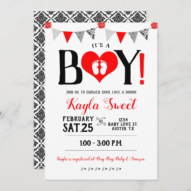 Valentine Baby Shower Invitation It's A Boy (Front/Back)