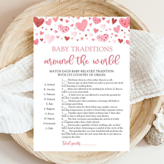 Valentine Baby Traditions Around The World Game Invitation (Watercolor Pink Hearts Valentine Sweetheart Girl Baby Traditions Around The World Baby Shower Game)