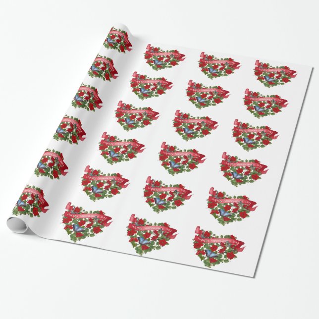 valentine banner red petunias and butterfly heart wrapping paper (Unrolled)