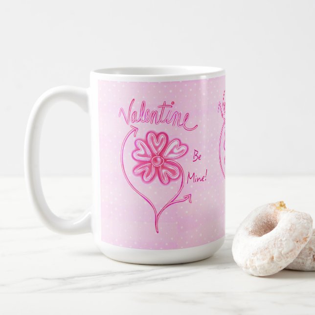 Valentine Be Mine Pink Hearts Flower Art Coffee Mug (With Donut)