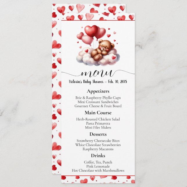 Valentine Bear Baby Shower Menu Invitation (Front/Back)