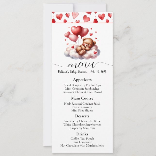 Valentine Bear Baby Shower Menu Invitation (Front)