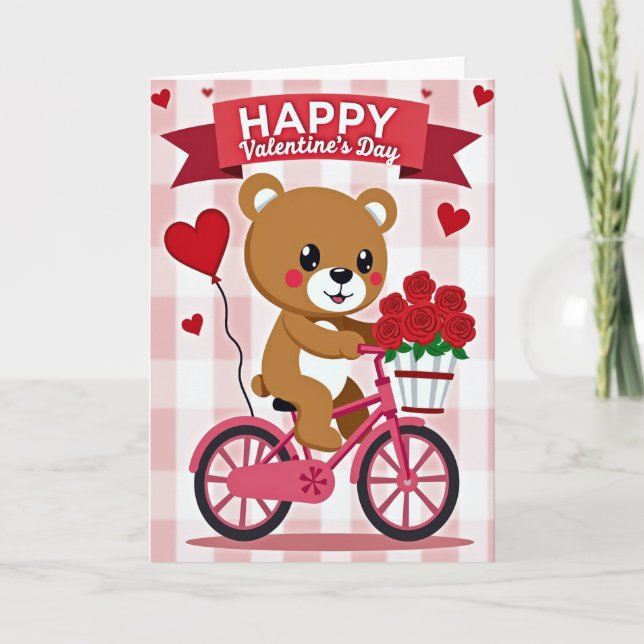 Valentine Bear Gingham Bike Card (Front)