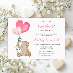 Valentine Bear Pink Heart Baby Shower Invitation