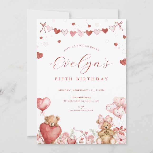 Valentine Bear Sweetheart Hearts Birthday Invite (Front)