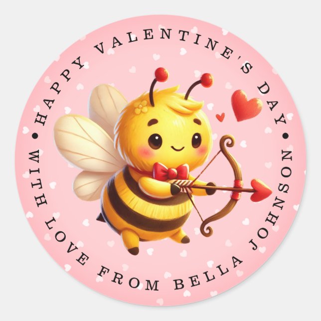 Valentine Bee Personalised Name Round Stickers (Front)