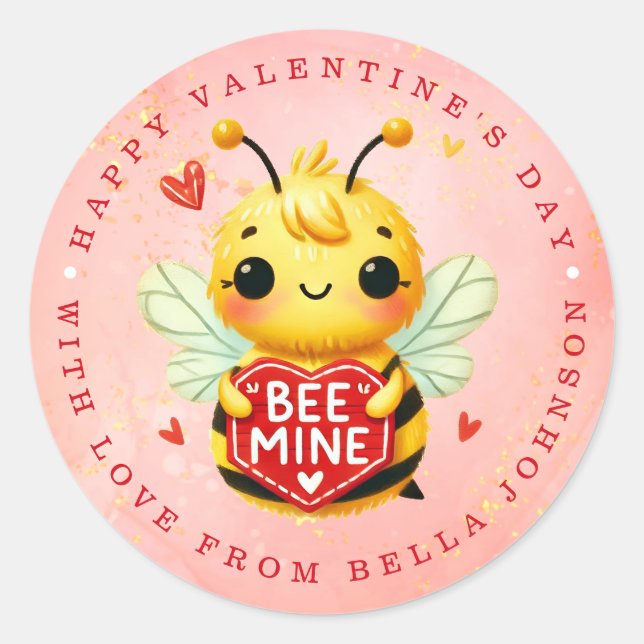 Valentine Bee Personalised Name Round Stickers (Front)