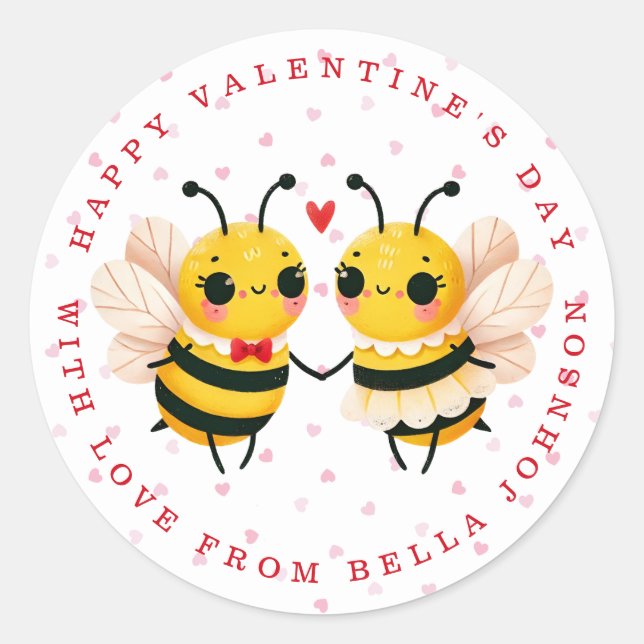 Valentine Bee Personalised Name Round Stickers (Front)