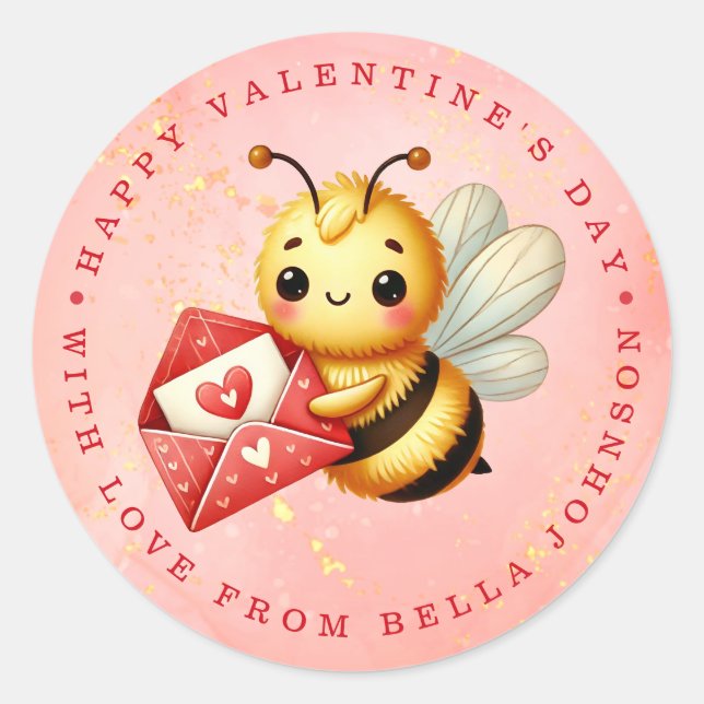 Valentine Bee Personalised Name Round Stickers (Front)