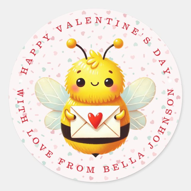 Valentine Bee Personalised Name Round Stickers (Front)