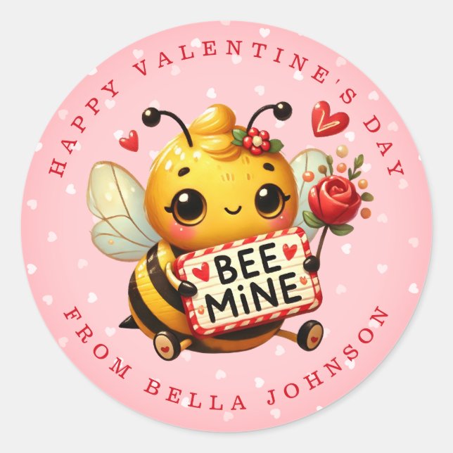 Valentine Bee Personalised Name Round Stickers (Front)