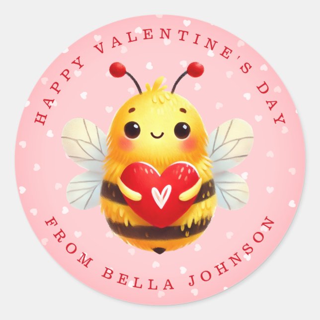 Valentine Bee Personalised Name Round Stickers (Front)