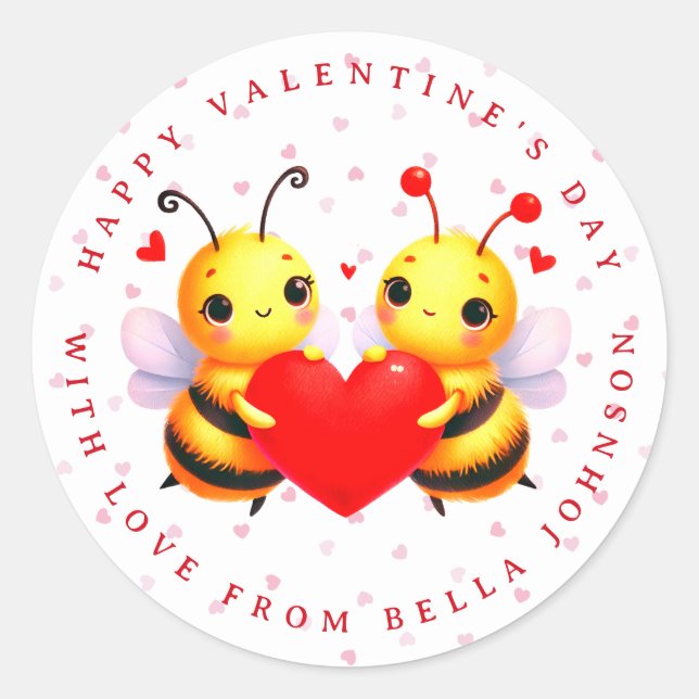 Valentine Bee Personalised Name Round Stickers (Front)