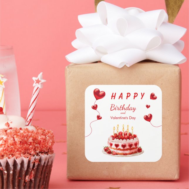 Valentine Birthday Cake Square Sticker (Party)