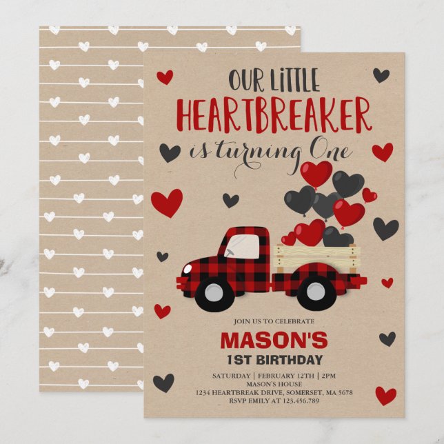 Valentine Birthday Invite Heartbreaker Plaid Truck (Front/Back)