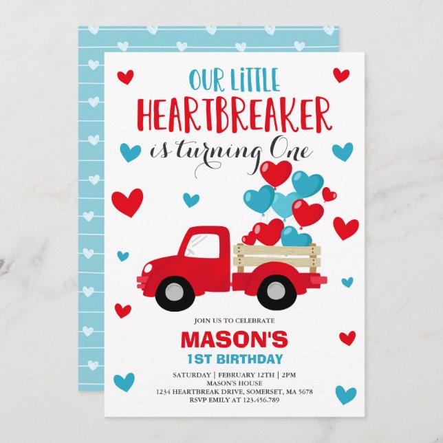 Valentine Birthday Invite Heartbreaker Red Truck (Front/Back)